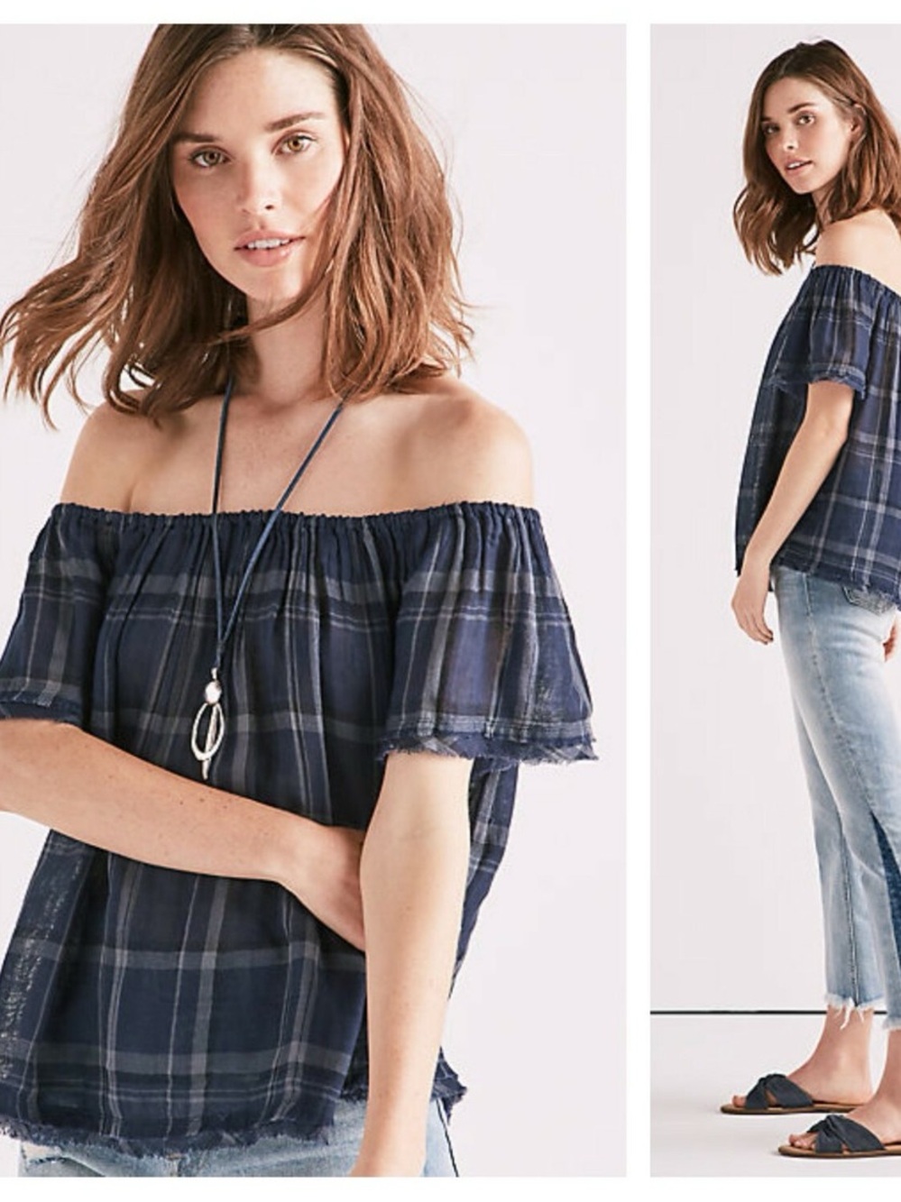 Lucky Brand Navy Ruffled Neckline Blouse